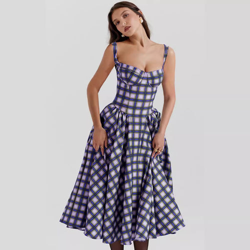 European Girl U Neck Plaid Sling Slim Waist Retro Big Swing