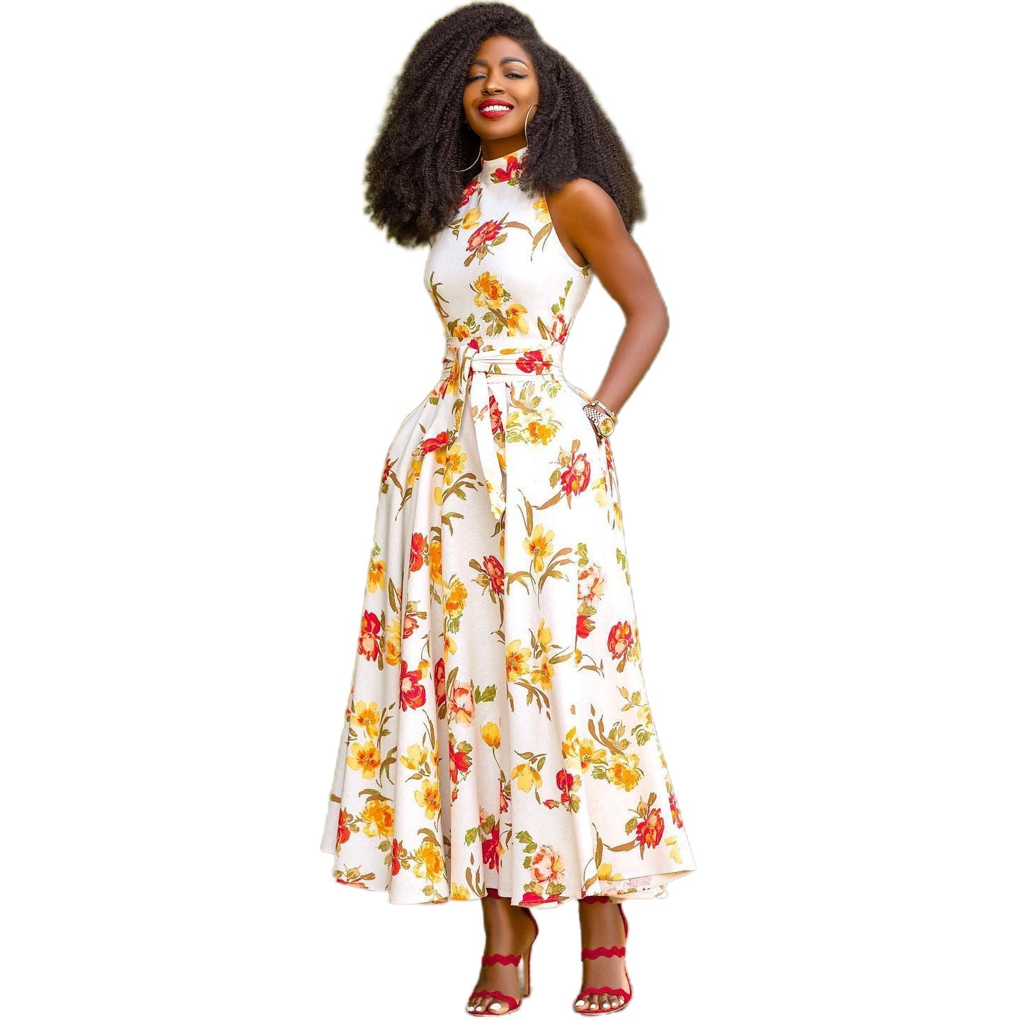 Half Turtleneck Floral Printed A line Dress for