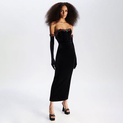 Floral Sequin Lace Decoration Velvet Dress Dress with Gloves