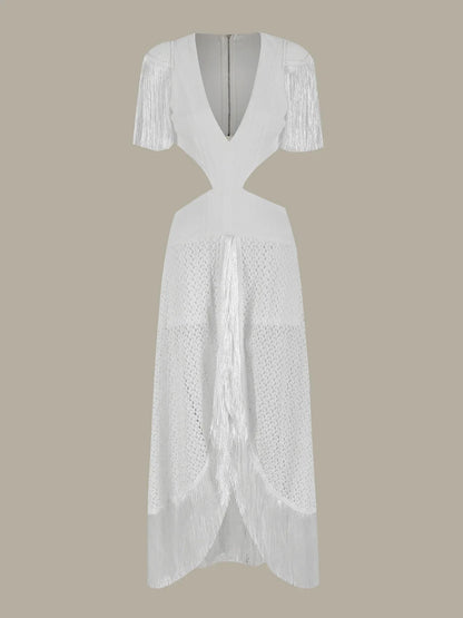 Deep V-Neck Tassel Long Party Dress