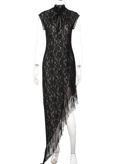 Mesh Lace Ruffled Black Hollow Out Long Dress