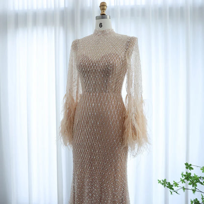 Feather Embellished Evening Gown with Long Sleeves