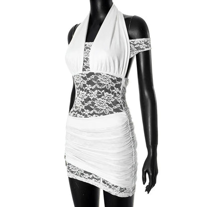 Halter Off the shoulder White Lace Mini Dress