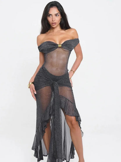 Mesh Ruffled Gray Off-shoulder Long Dress