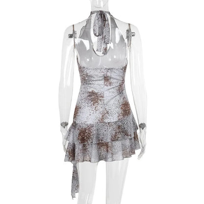 Mesh Printed Ruffle Backless Bodycon Mini Summer Dress
