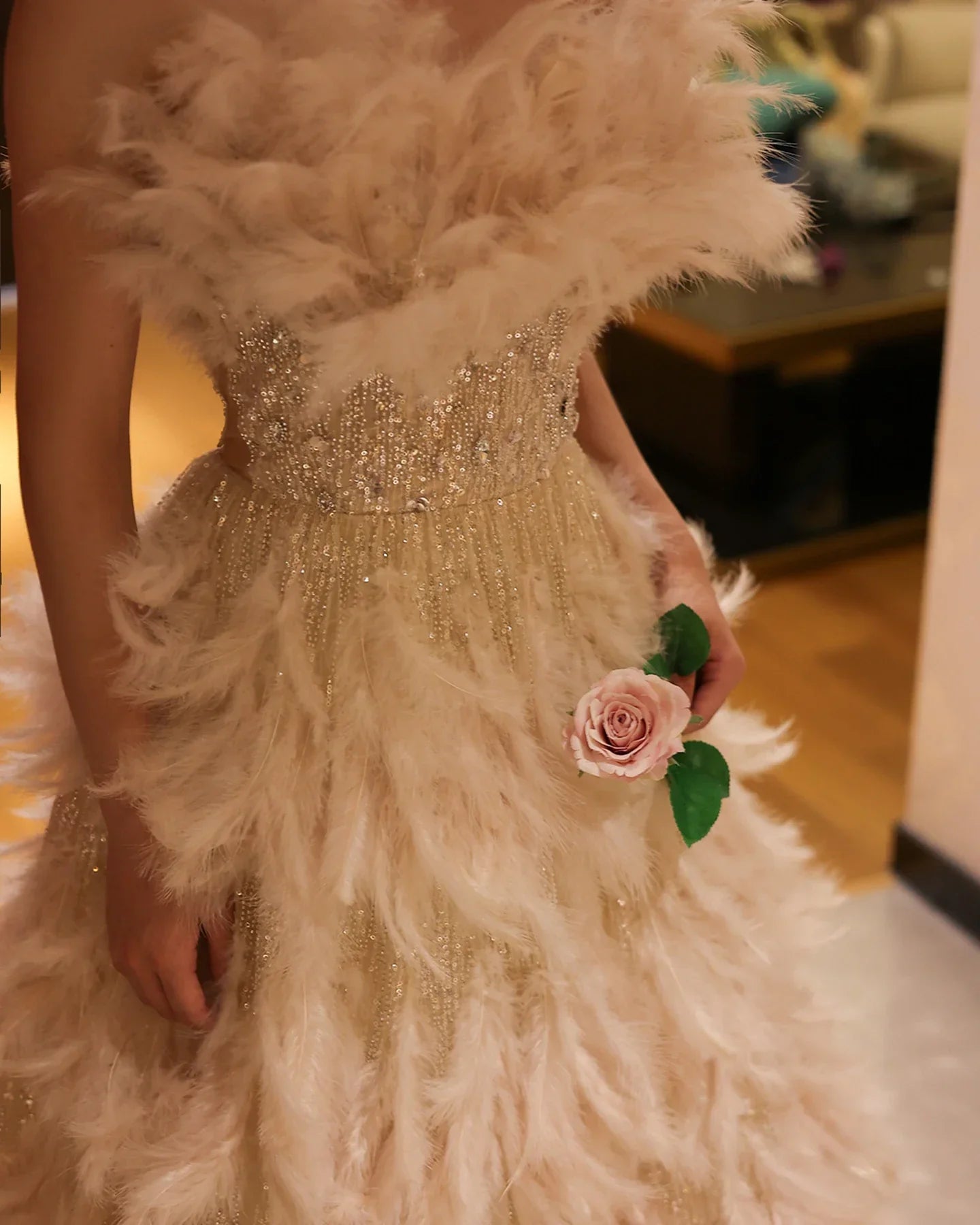 Feathers Princess Ball Gown Cream Evening Dress