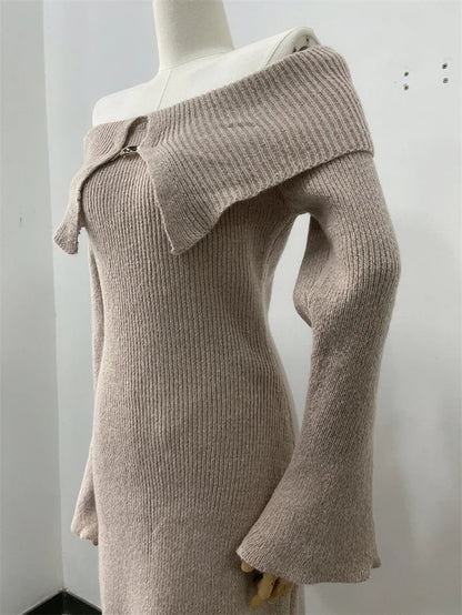 Fluffy Solid Knitted Off Shoulder Midi Dress