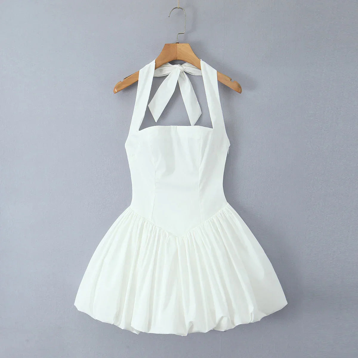 Bow Halter Slash Collar Lacing-Up Back Mini Dress