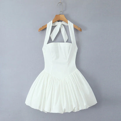 Bow Halter Slash Collar Lacing-Up Back Mini Dress