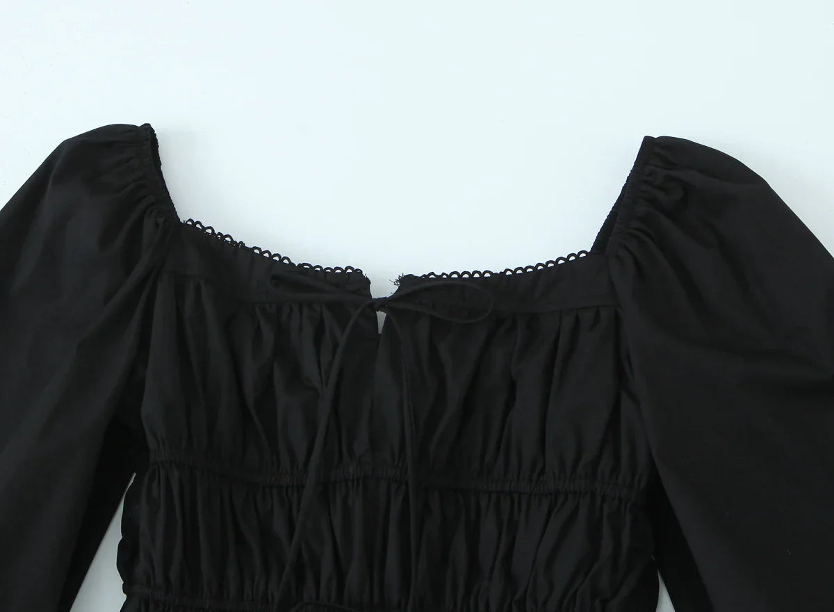 Bow Square Collar Puff Long Sleeve Elastic Waist Mini Dress