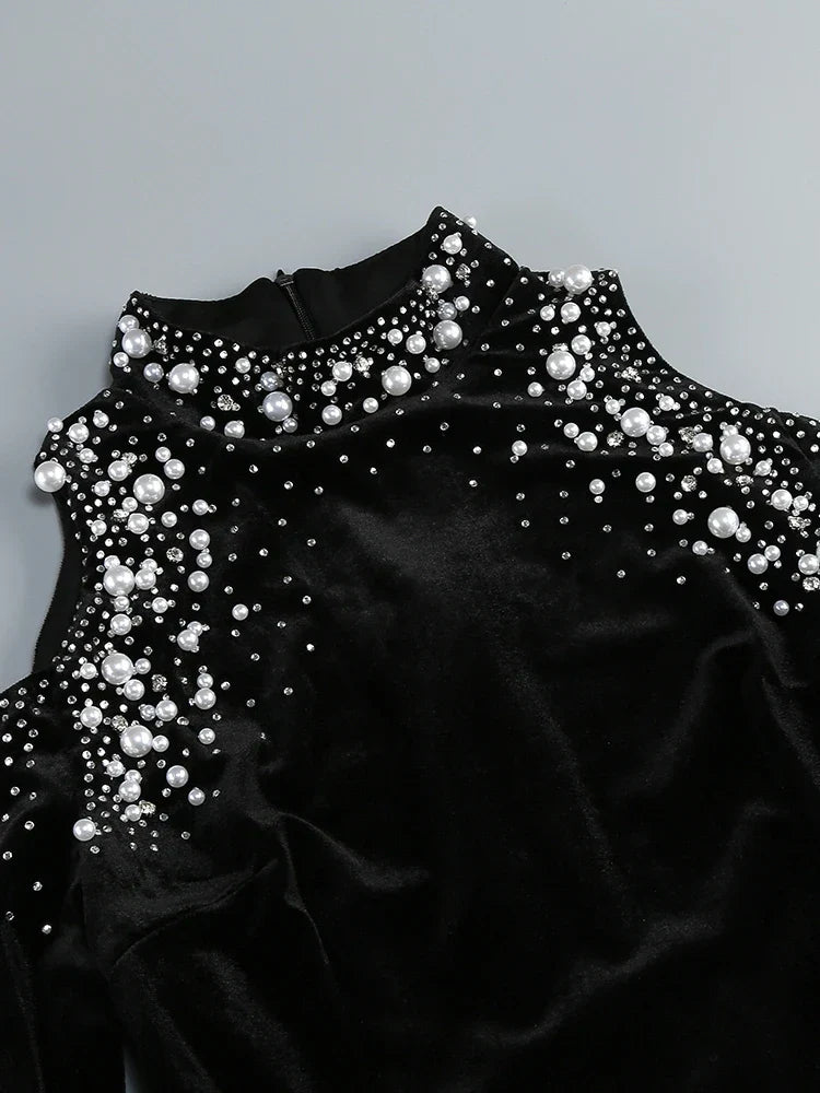 Long Sleeve Black Velvet Pearl Maxi Dress