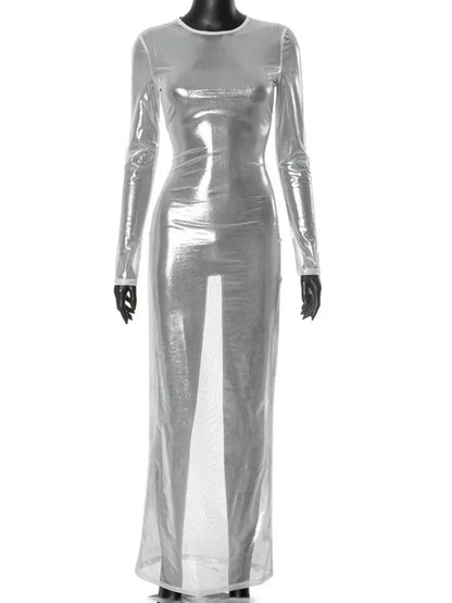 O-neck Full Sleeve Solid Color Mesh Dress