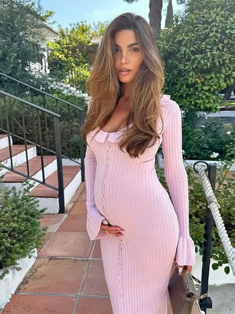 Knitted Ruffled Long Sleeve Button Maxi Dress