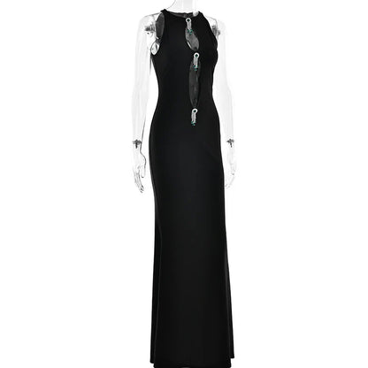 Hollow Out Pearl Tassel Black Long Dress