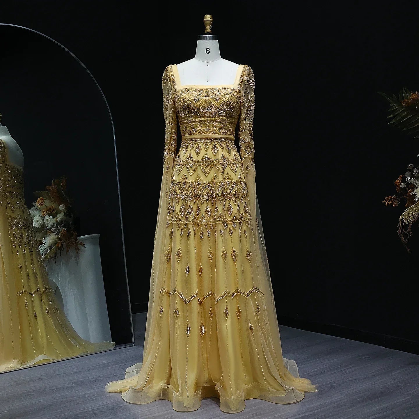 Crystal Beading Evening Dress with Cape Sleeve Customized