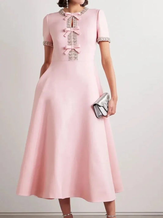 Diamond Edge Bowknot Short Sleeve Midi Dress