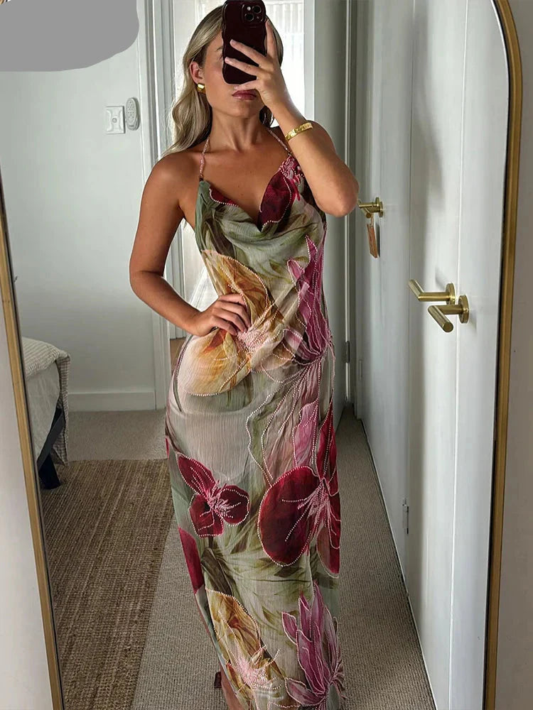 Floral Print Backless Halter Dress with Split for Women