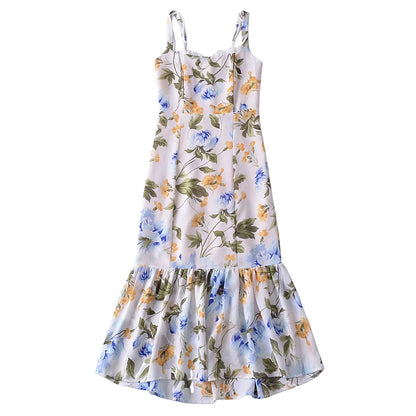 Cherry Print Ruffles Hem Trumpet Midi Dress