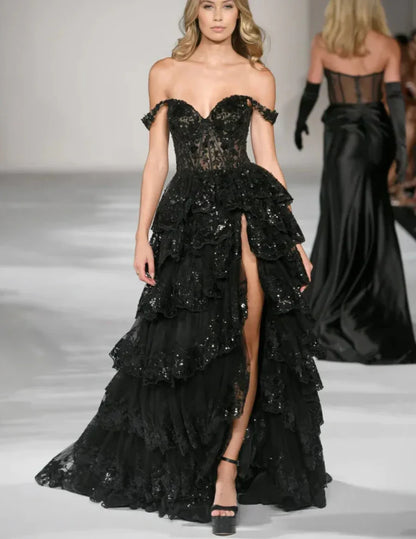 Lace Embroidery Glitter Prom Dresses