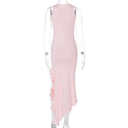 Irregular Ruffle Sleeveless Split Long Dresses