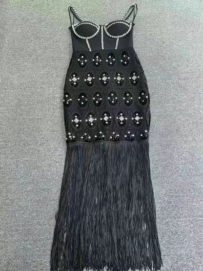 Diamond Tassel Spaghetti Strap Backless Mini Dress