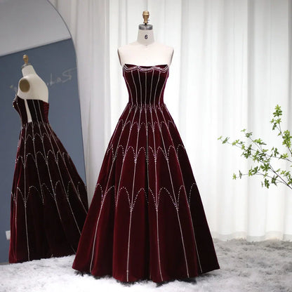 Burgundy Velvet Ball Gown Crystal Evening Dress