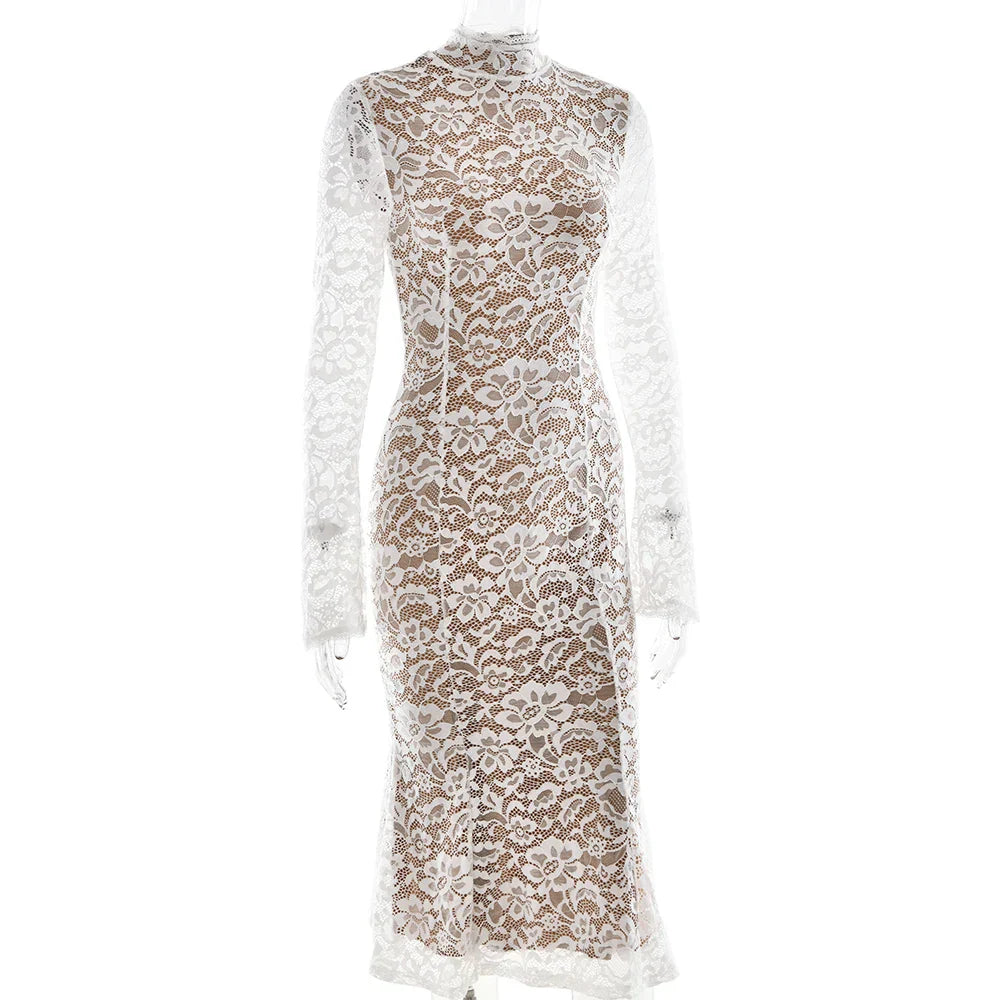 Lace White Long Sleeve Turtleneck Dress
