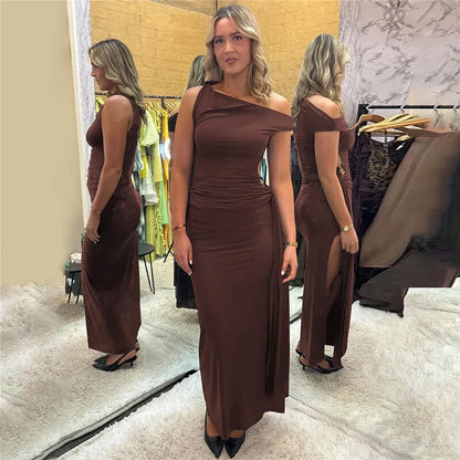 Oblique Shoulder Backless Maxi Dress