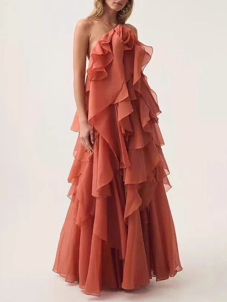 Halter 3D Flower Flounce Irregular Loose Maxi Dress