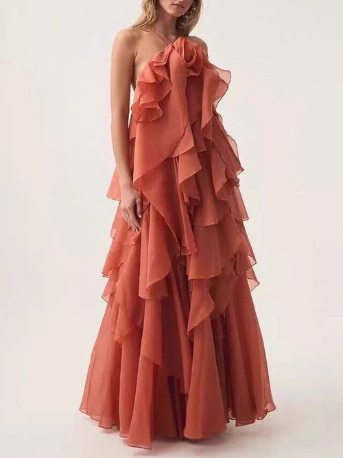 Halter 3D Flower Flounce Irregular Loose Maxi Dress