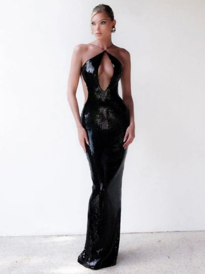 Gold Sequin Spaghetti Strap Hollow Long Dress