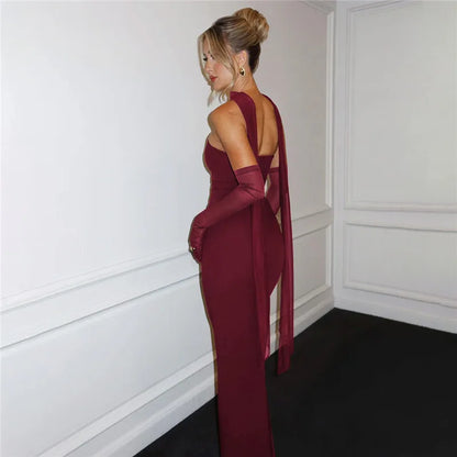Mesh Sleeve Off-shoulder Long Dress