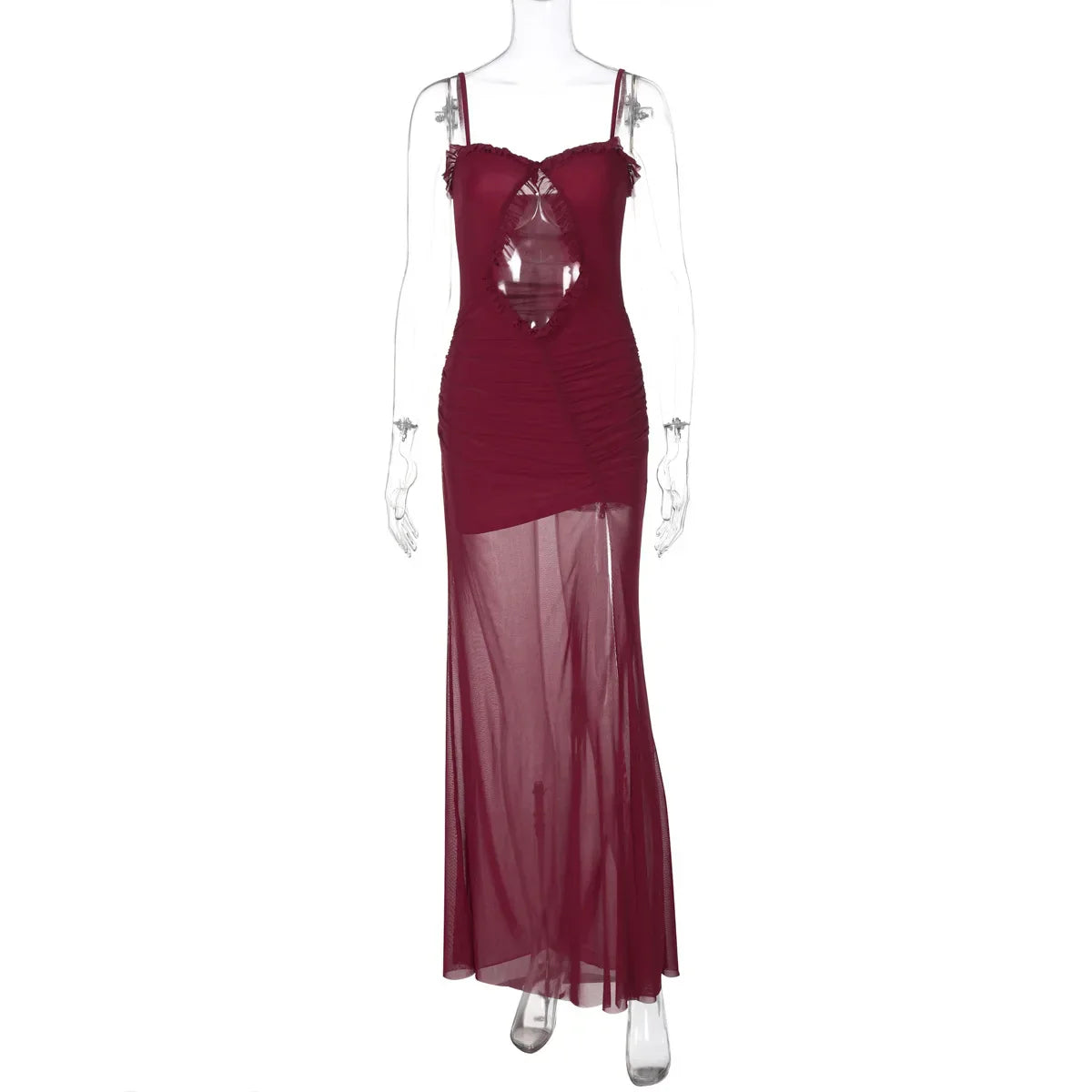 Mesh Patchwork Hollow Out Ruffled Long Dress