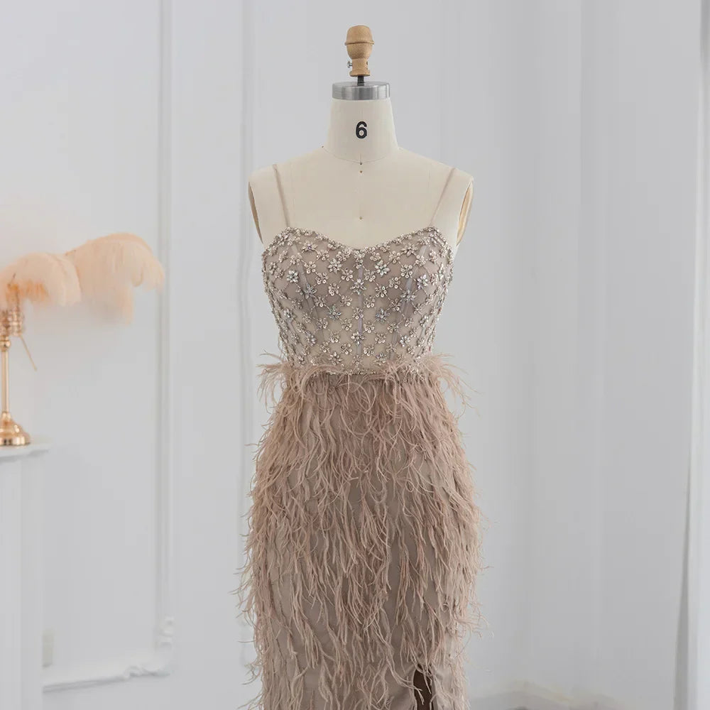Feathers Spaghetti Straps Side Slit Prom Dress