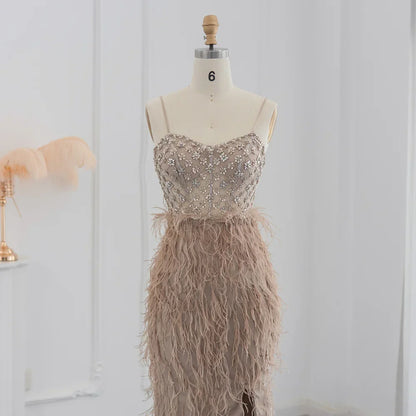 Feathers Spaghetti Straps Side Slit Prom Dress