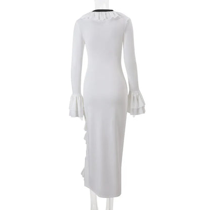 Long Sleeved Ruffled Slit Maxi Dress for Women