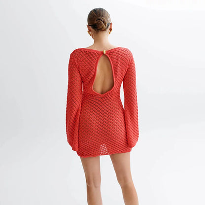 O-Neck Long Sleeve Knit Mini Dress