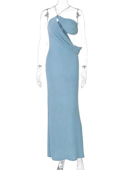 Halter Skew Collar Hollow Out Backless Long Dress