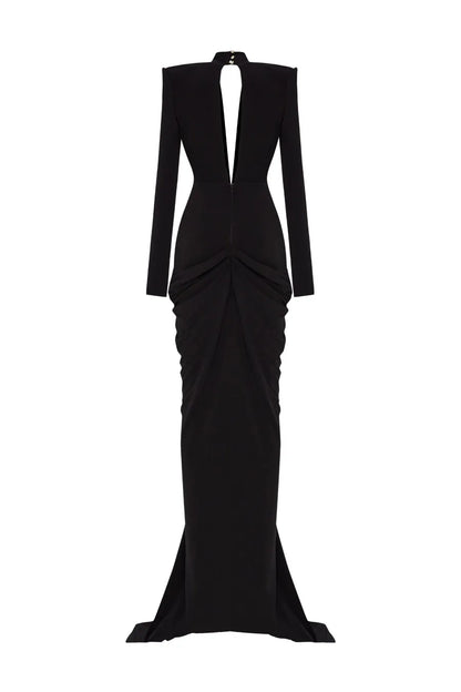 Deep V Neck Long Sleeves Black Maxi Dress  Party Gown