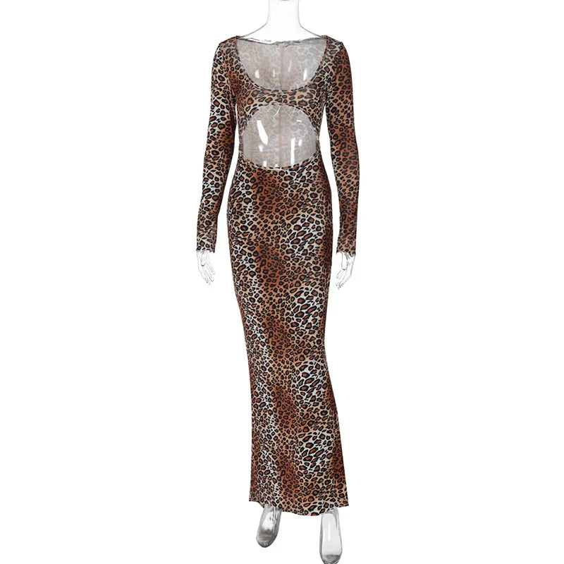 Leopard Print Hollow Out Long Dress
