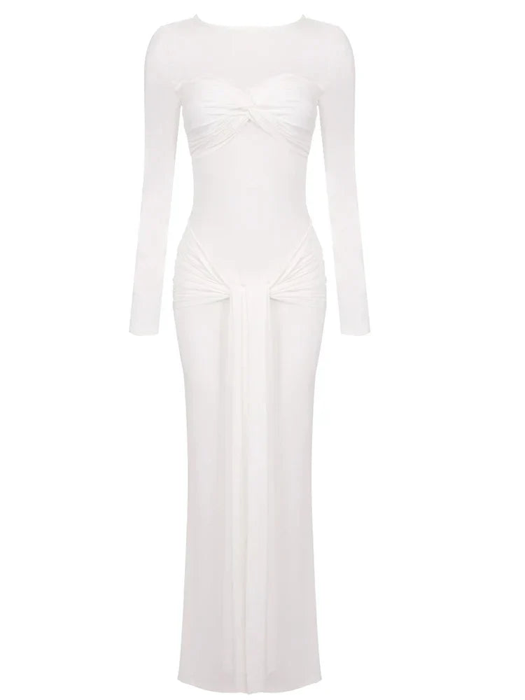 Long Sleeve Pleated Draped Maxi Dress
