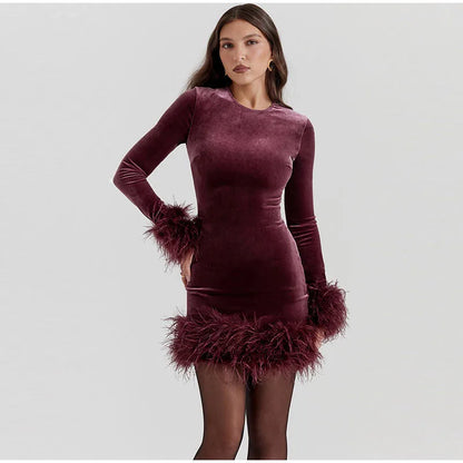 Long Sleeve Slim  Sequins Feather Dress