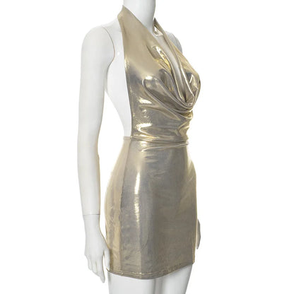 Gold Color Halter Neck Open Back Mini Dress