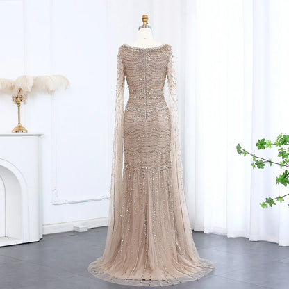 Caramel Square Neck Mermaid Evening Dress Cape Sleeves
