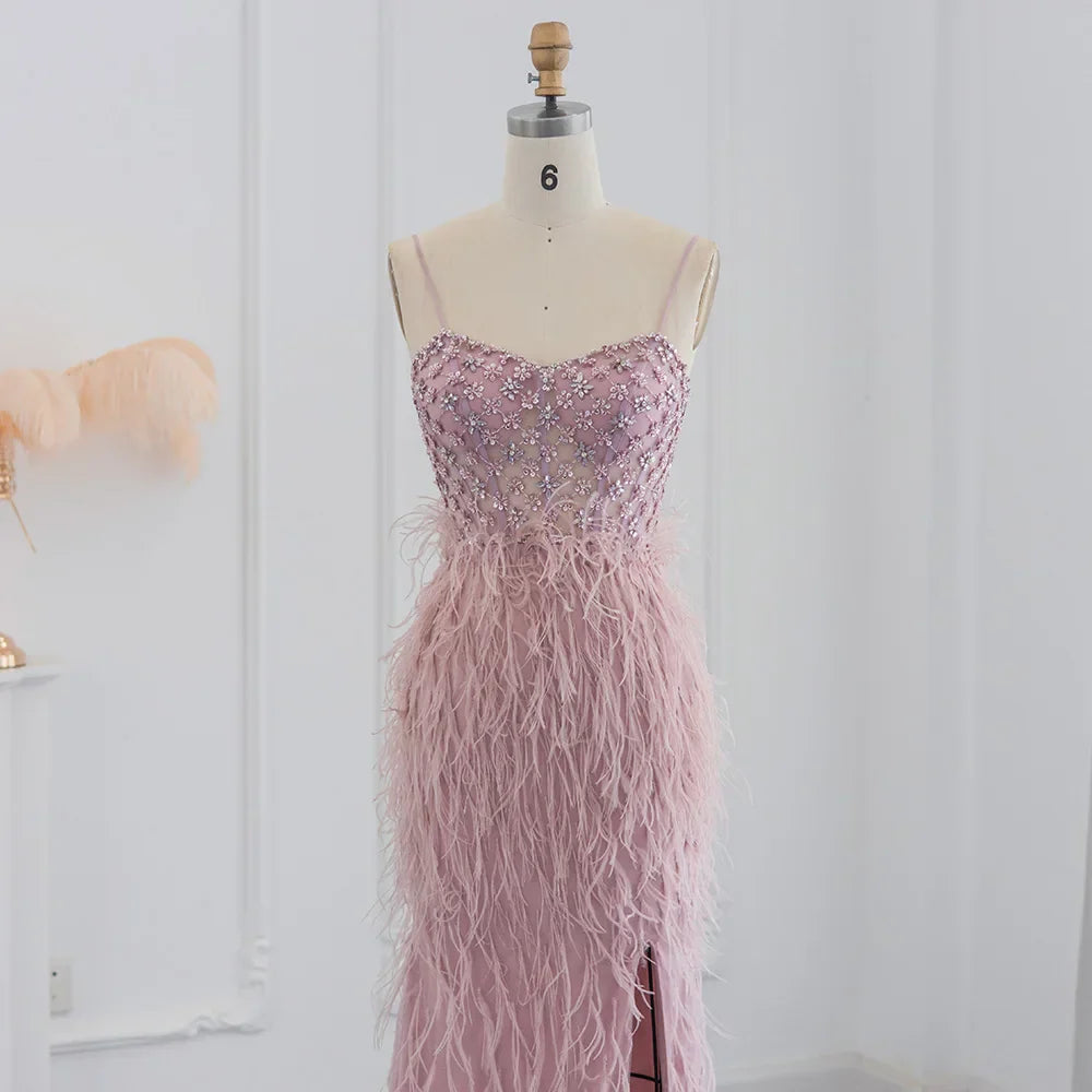 Feathers Spaghetti Straps Side Slit Prom Dress