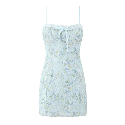 Flower Print Lace Bow Slash Collar Mini Dress