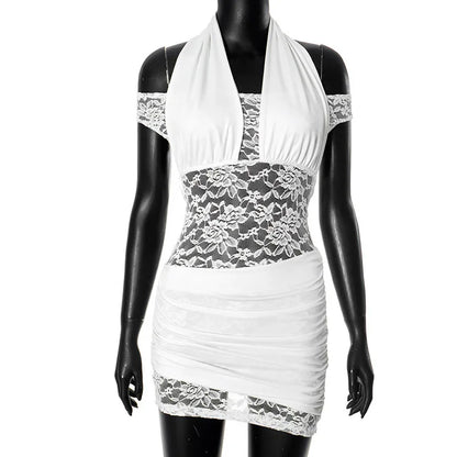 Halter Off the shoulder White Lace Mini Dress