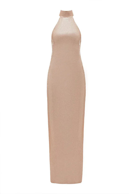 High neck bead wrapped hip skirt slit sequin dress