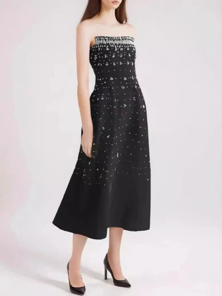 Diamonds Black Crystal Pearl Mini | Midi Dress