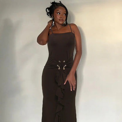 Metal Buckle Ruched Spaghetti Strap Long Dress